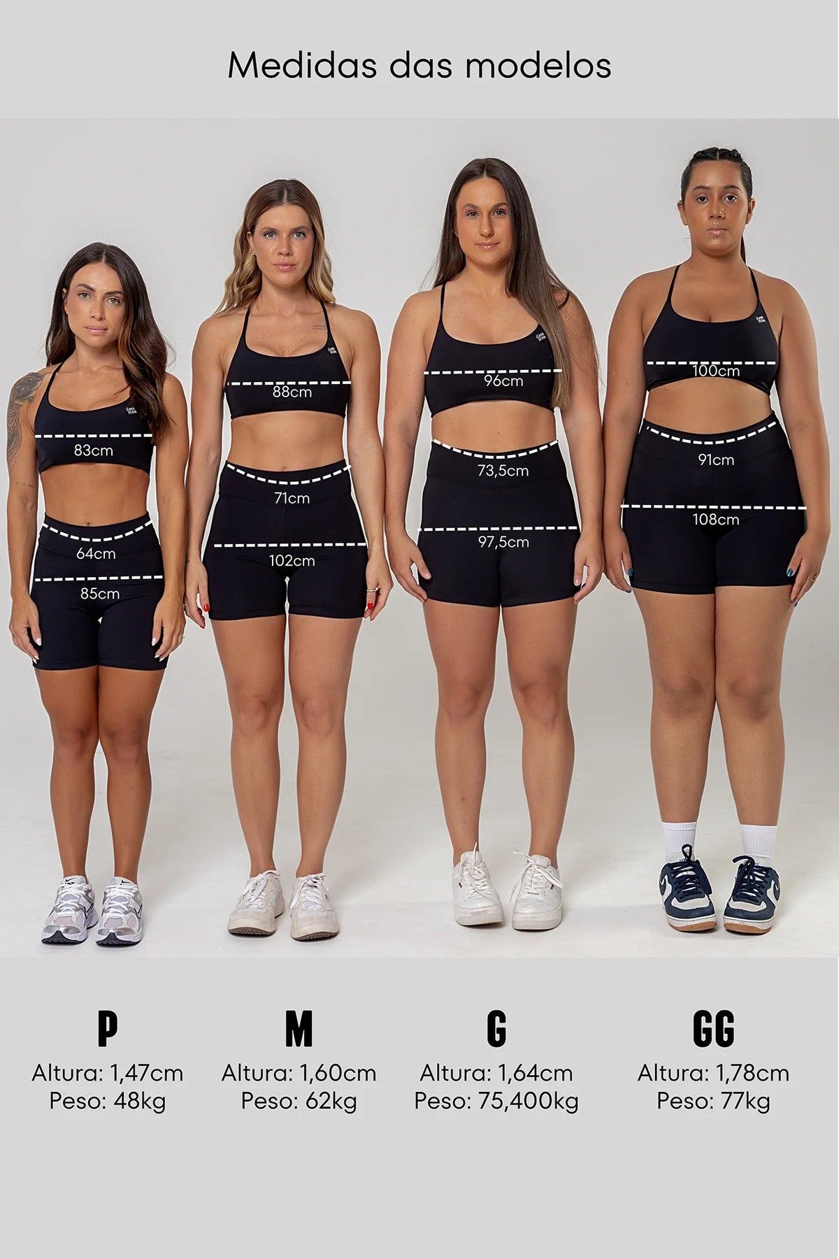Medidas das modelos: altura, peso e corpo em P, M, G e GG